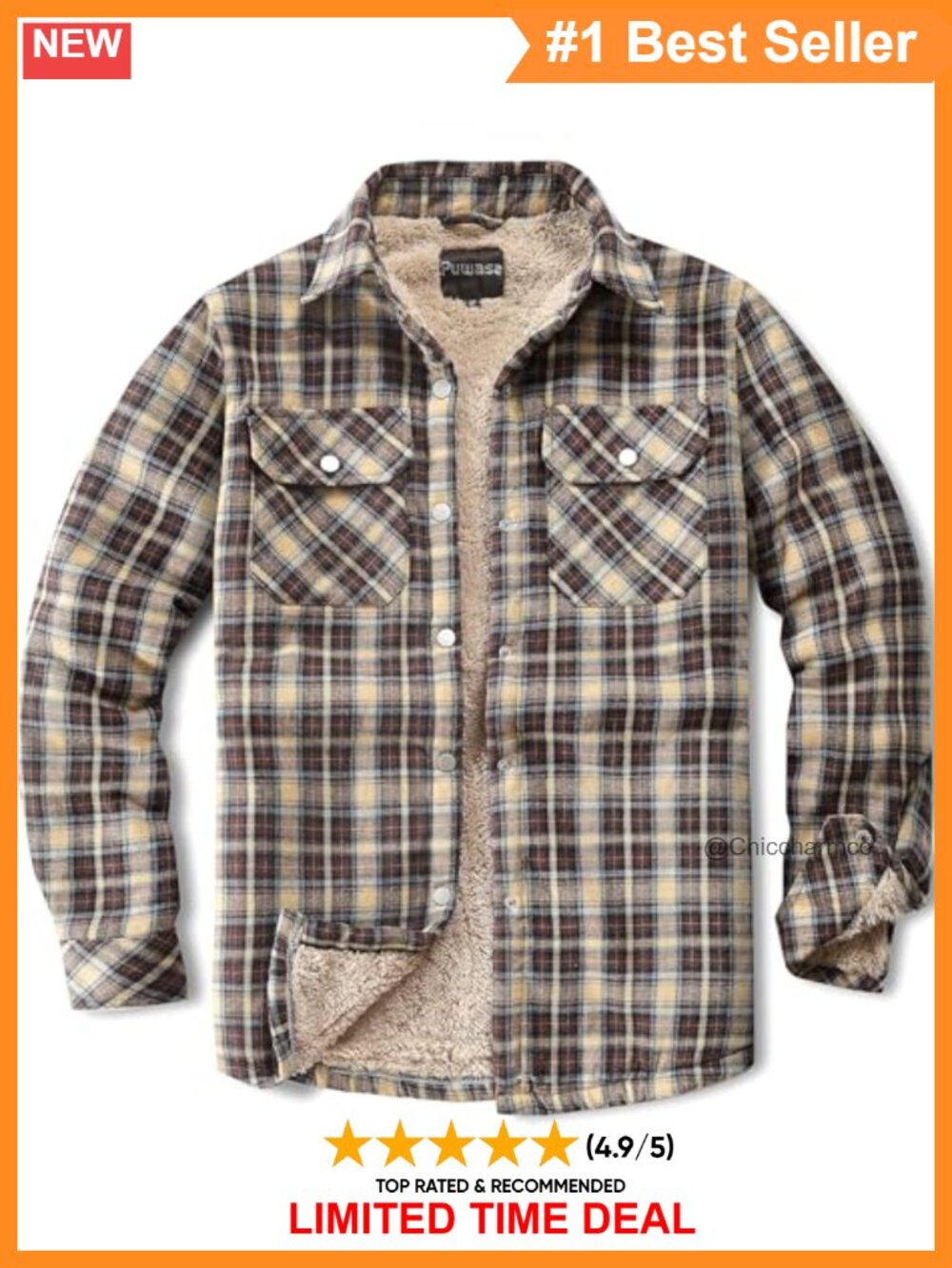 Cotton Plaid Fleece Lined Flannel Jacket Button Down Sherpa Cuffs